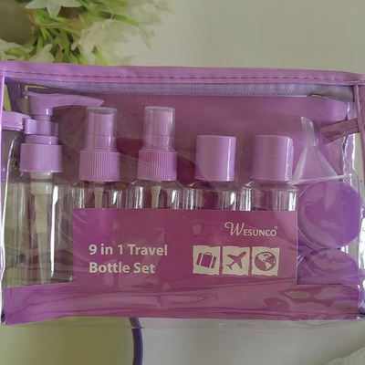 Juego de botellas de viaje de plástico de 9 piezas de 60 ml, juego de botellas con cremallera, contenedor de cosméticos, bomba de loción, pulverizador, botella con tapa abatible