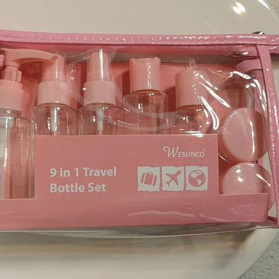 Juego de botellas de viaje de plástico de 9 piezas de 60 ml, juego de botellas con cremallera, contenedor de cosméticos, bomba de loción, pulverizador, botella con tapa abatible