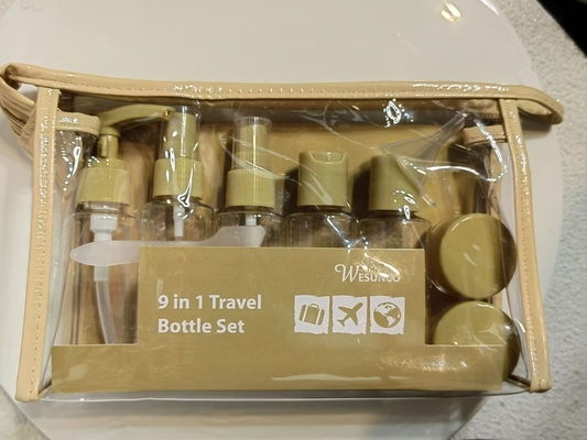 Juego de viaje de plástico de 9 piezas de 60 ml, botella, contenedor, loción, bomba, pulverizador, tapa abatible, botella, tarro, reutilizable