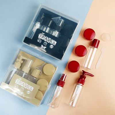Juego de viaje de plástico de 7 piezas de 50 ml, juego de botellas con cremallera, contenedor de cosméticos, spray, tapa abatible