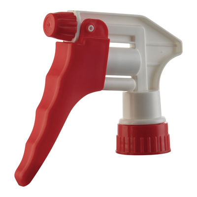 Pulverizador de gatillo de plástico rojo y blanco con boquilla ajustable para botellas de limpieza