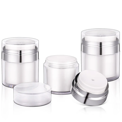 Frasco de crema sin aire 15 g 30 g 50 g 100 g Anillo galvanizado de plata Botella de bomba sin aire cosmética exterior de acrílico transparente Envase de loción de crema facial vacío recargable para crema hidratante para el cuidado de la piel