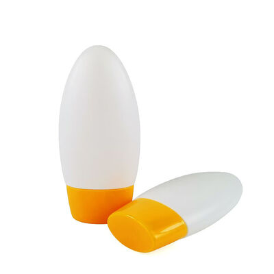 Botella ovalada de protector solar vacía con forma de huevo, envase de desodorante roll-on de plástico blanco mate, tapa abatible amarilla, botella cosmética recargable para loción solar, embalaje de desodorante de aceite corporal