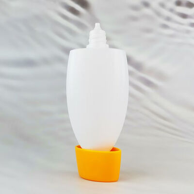 Botella ovalada de protector solar vacía con forma de huevo, envase de desodorante roll-on de plástico blanco mate, tapa abatible amarilla, botella cosmética recargable para loción solar, embalaje de desodorante de aceite corporal