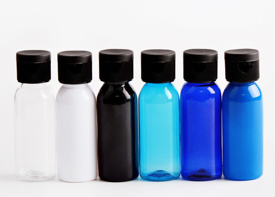 Botella de plástico PET de 30 ml Botella cosmética transparente con tapa negra