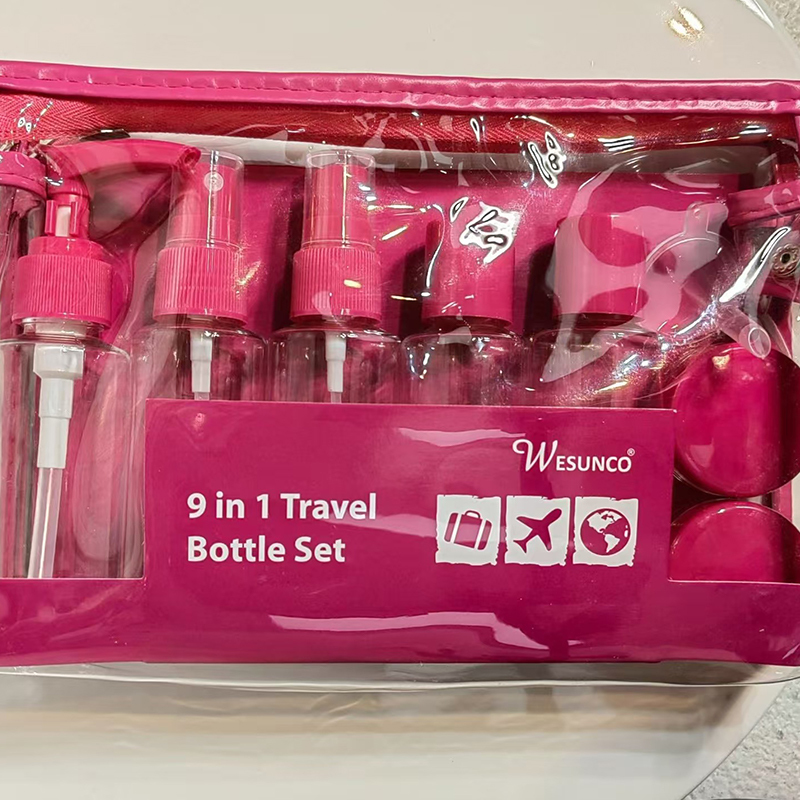 Juego de botellas de viaje de plástico de 9 piezas de 60 ml, juego de botellas con cremallera, contenedor de cosméticos, bomba de loción, pulverizador, botella con tapa abatible